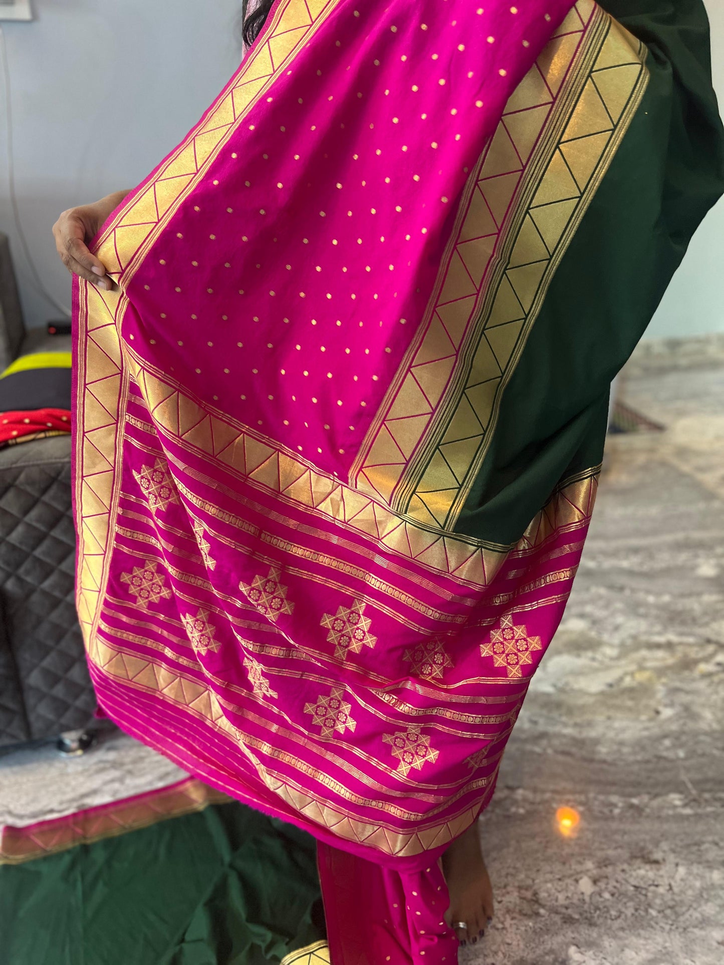 Premium Soft Banarasi Crepe Half and Half Saree in Bottle Green and Pink - Craft Of Aele
