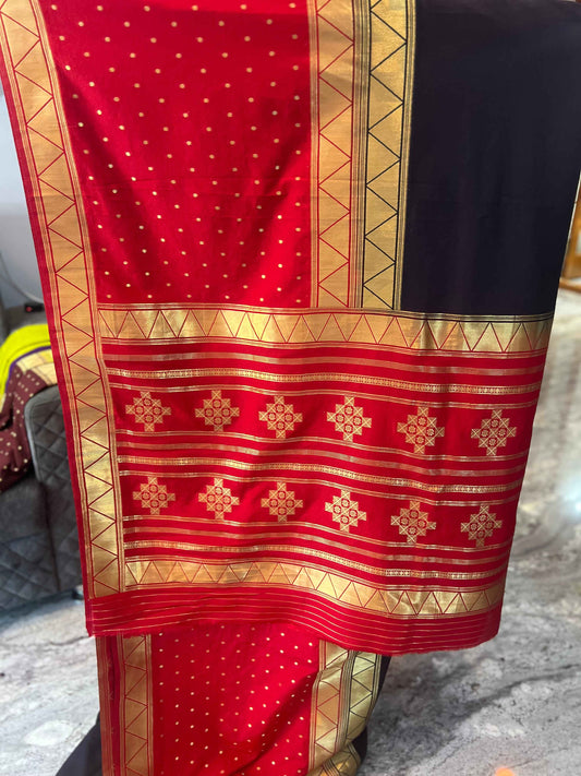 Premium Soft Banarasi Crepe Half and Half Saree in Black and Red - Craft Of Aele