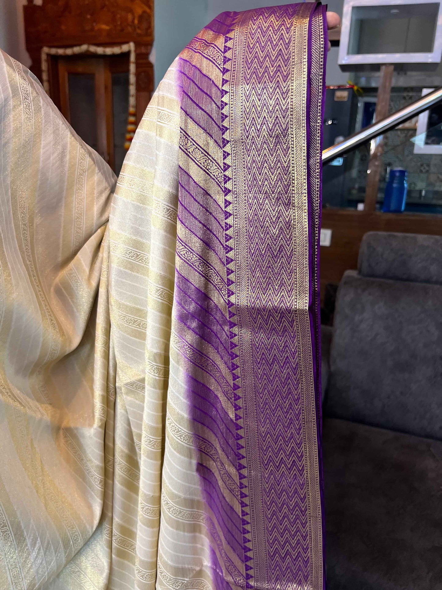 Mysore Semi Crepe - Simmer fabric half white with purple - Craft Of Aele