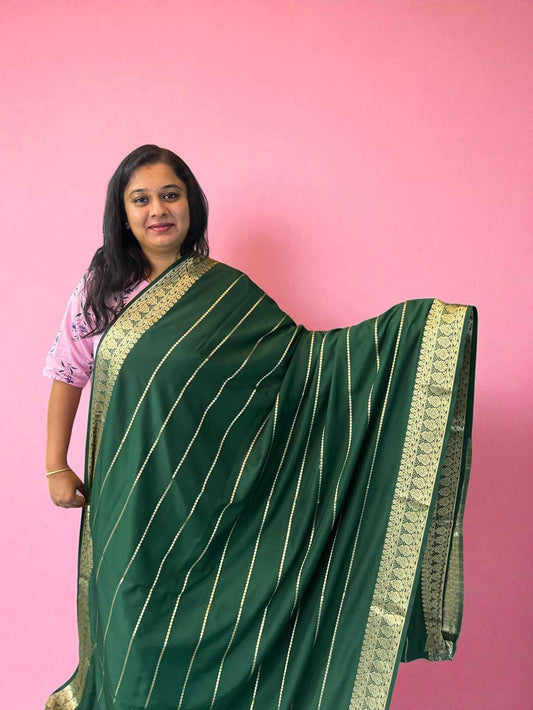 Mysore Semi Crepe Bottle Green Saree - Elegant Striped Design (Copy)