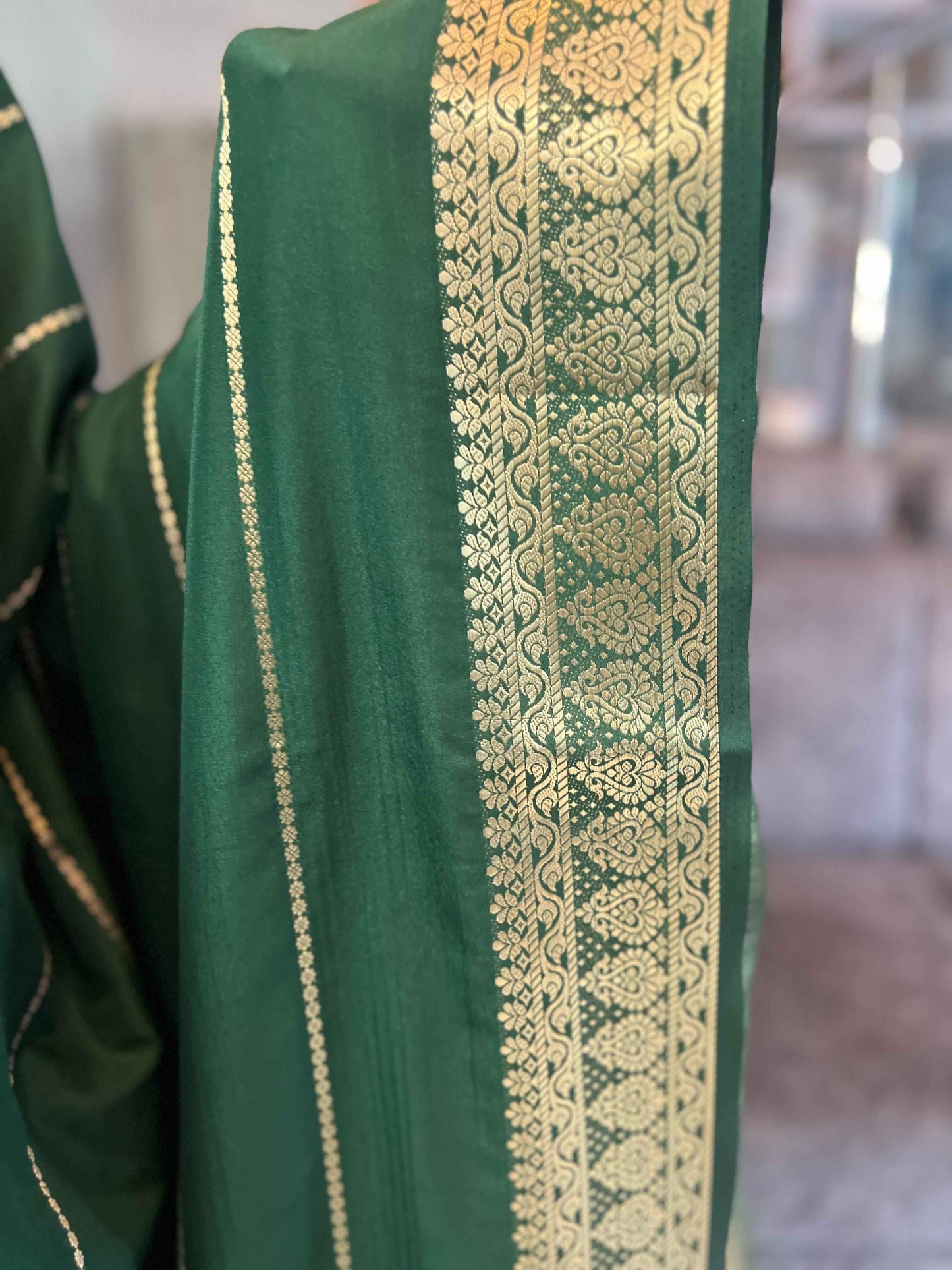 Mysore Semi Crepe Bottle Green Saree - Elegant Striped Design (Copy)