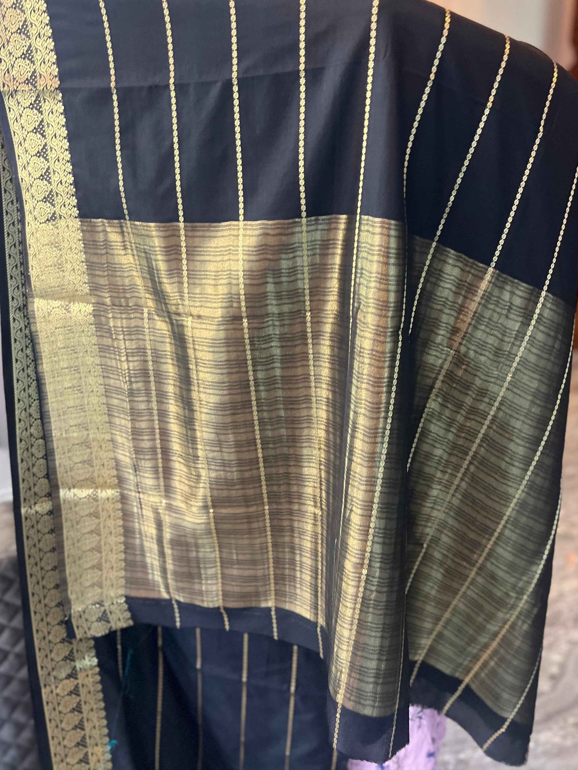 Mysore Semi Crepe - Striped Black Saree - Craft Of Aele
