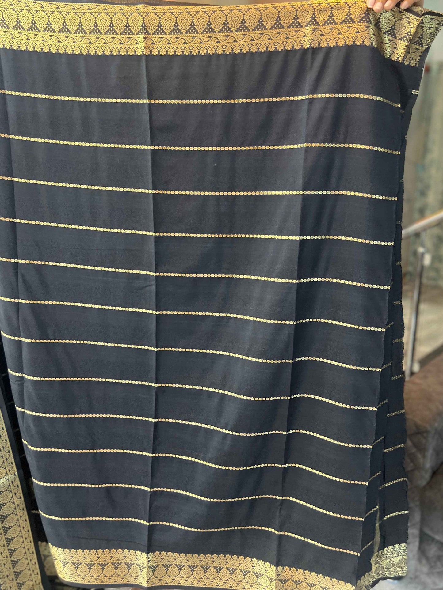Mysore Semi Crepe - Striped Black Saree - Craft Of Aele