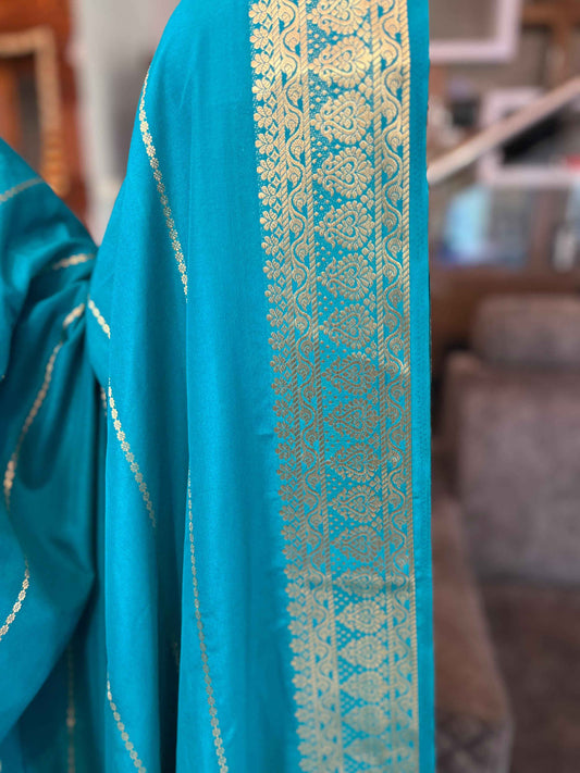Mysore Semi Crepe - Striped Blue Saree - Craft Of Aele