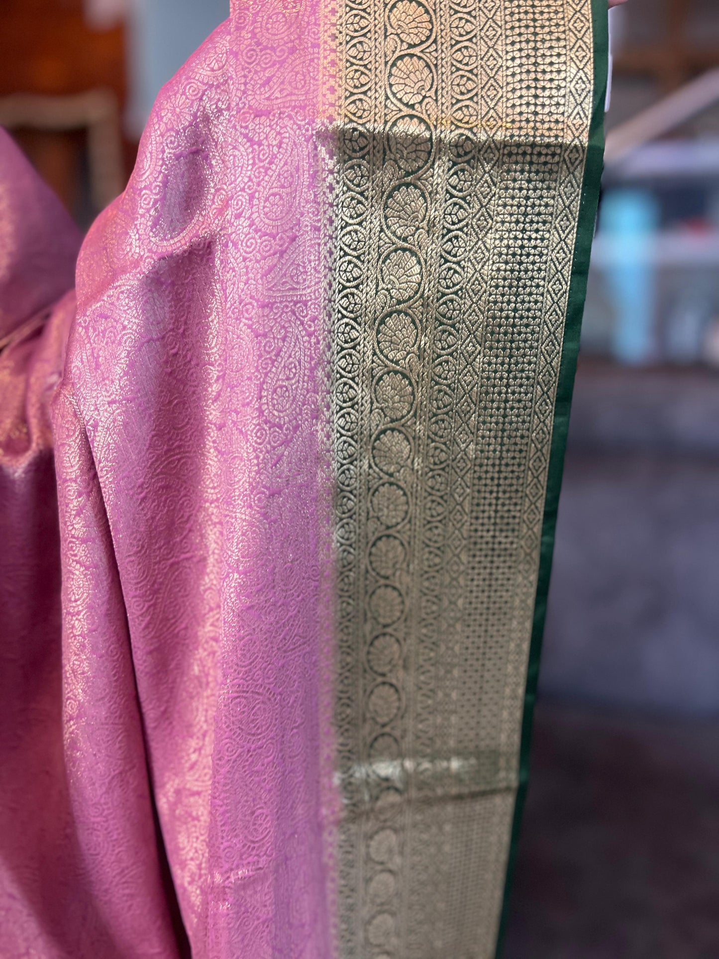 Mysore Semi Crepe Brocade - Lavender with Bottle Green