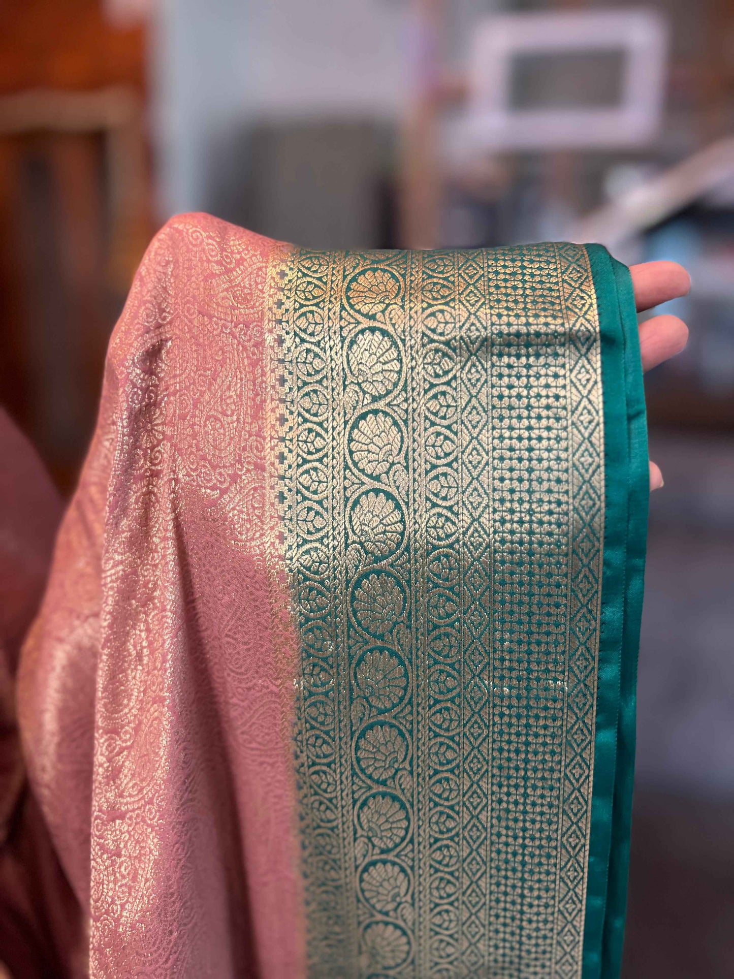 Mysore Semi Crepe Brocade - Lavender with Bottle Green