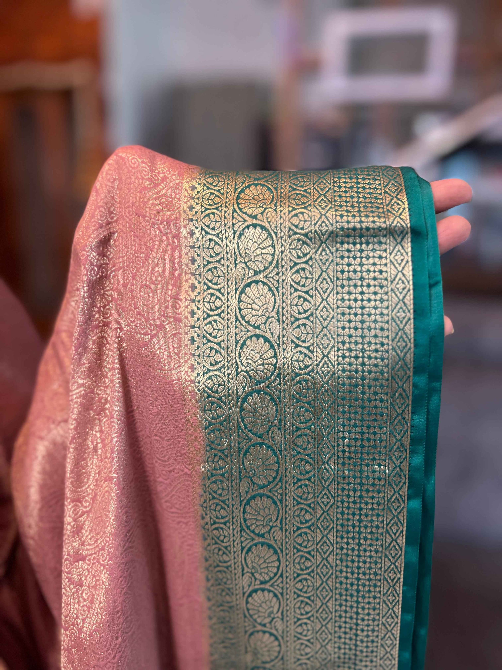 Mysore Semi Crepe Brocade - Lavender with Bottle Green