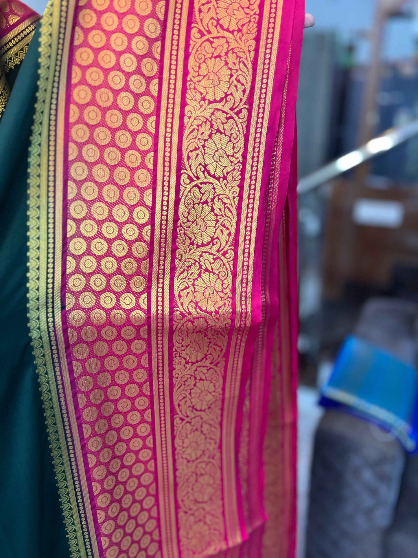 Mysore Semi Crepe Elegant border design - Bottle Green with Red (Copy)