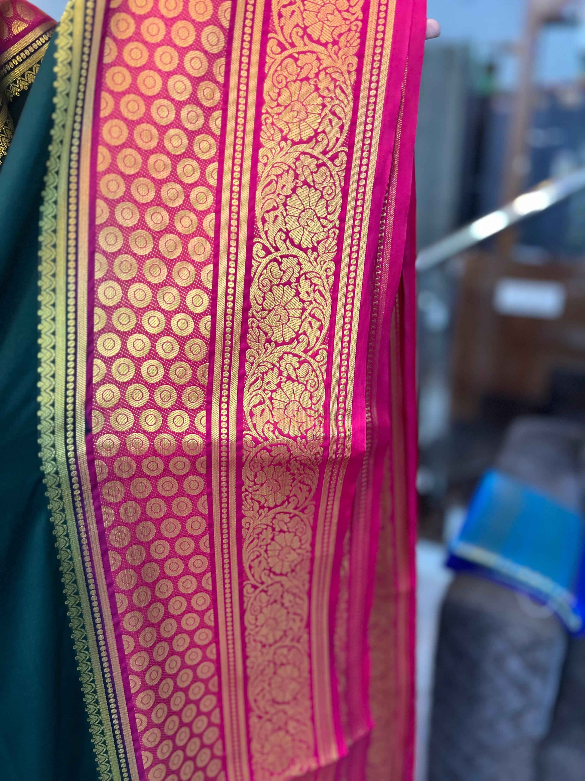 Mysore Semi Crepe Elegant border design - Bottle Green with Red (Copy)