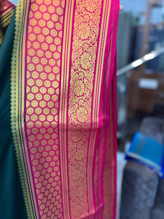 Mysore Semi Crepe Elegant border design - Bottle Green with Red (Copy)