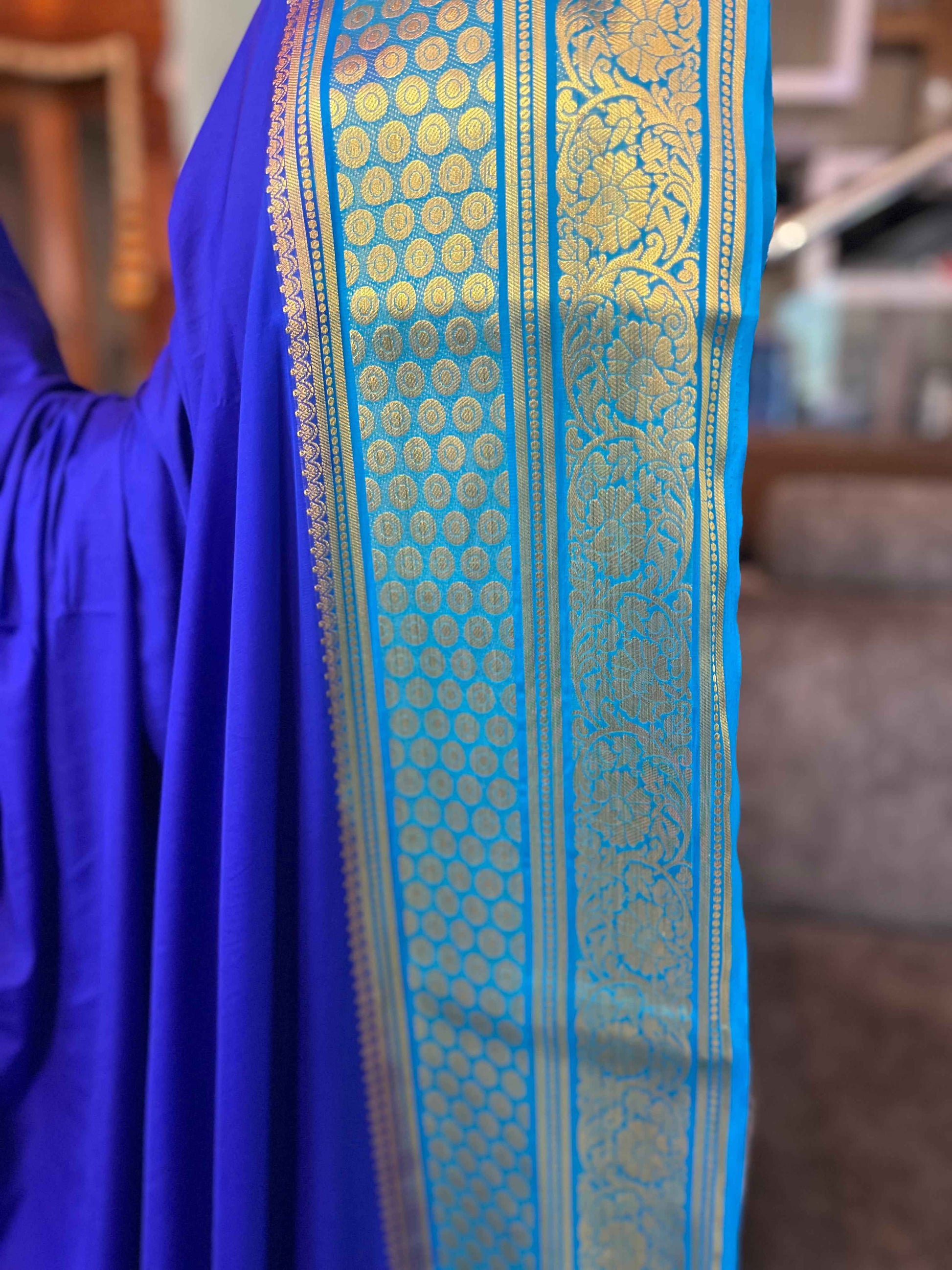 Mysore Semi Crepe Elegant border design - Royal Blue with Sky Blue (Copy)