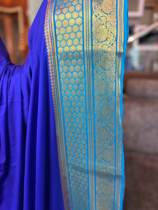 Mysore Semi Crepe Elegant border design - Royal Blue with Sky Blue (Copy)