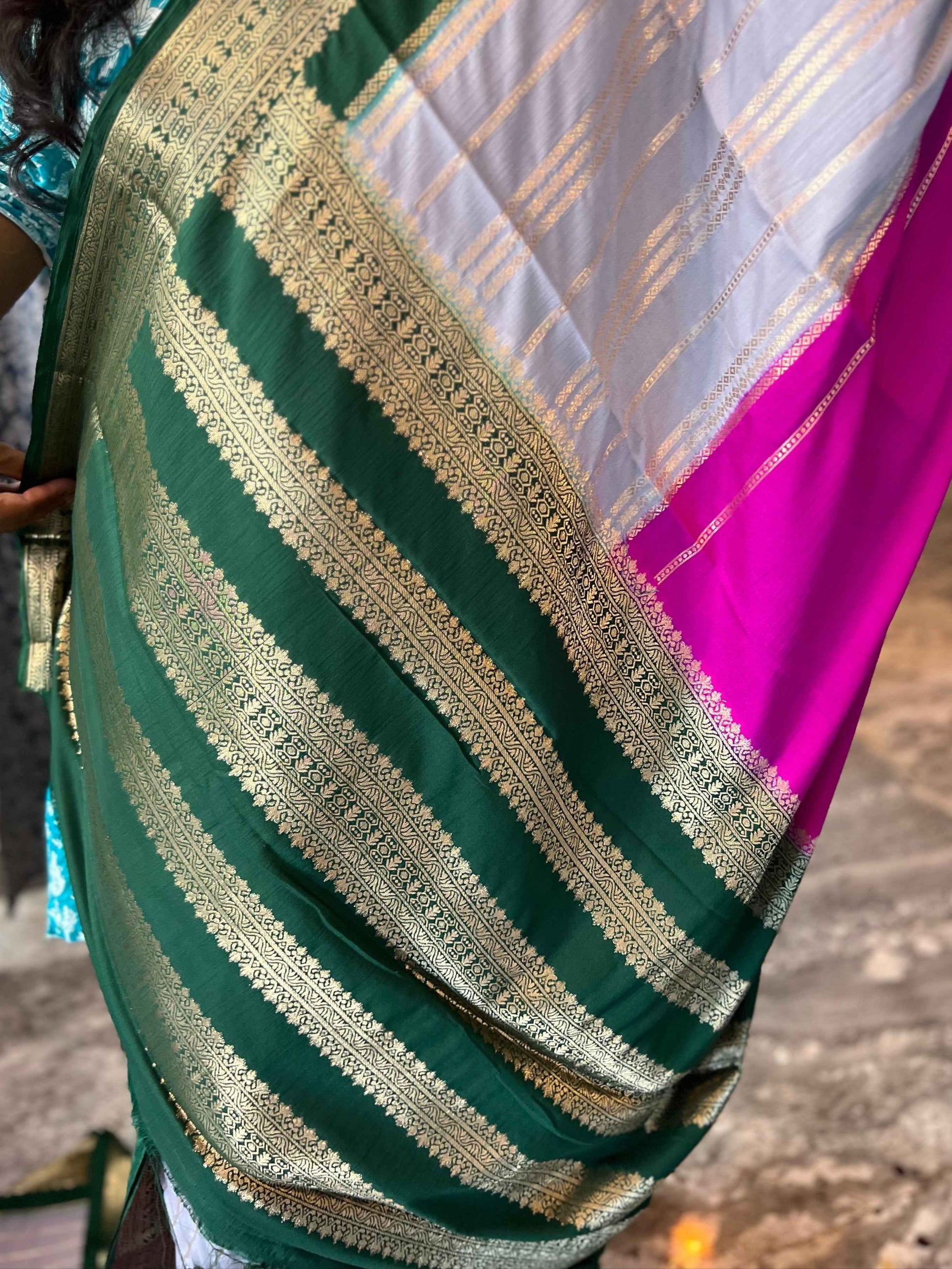 Mysore Semi Crepe 3D Elegant design - Grey with Pink and Green (Copy)