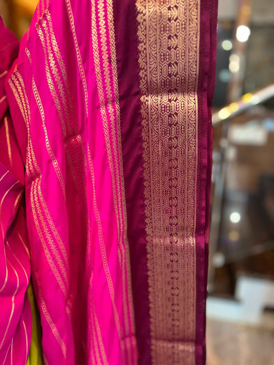 Mysore Semi Crepe 3D Elegant design - Parrot Green with Pink and Maroon (Copy)