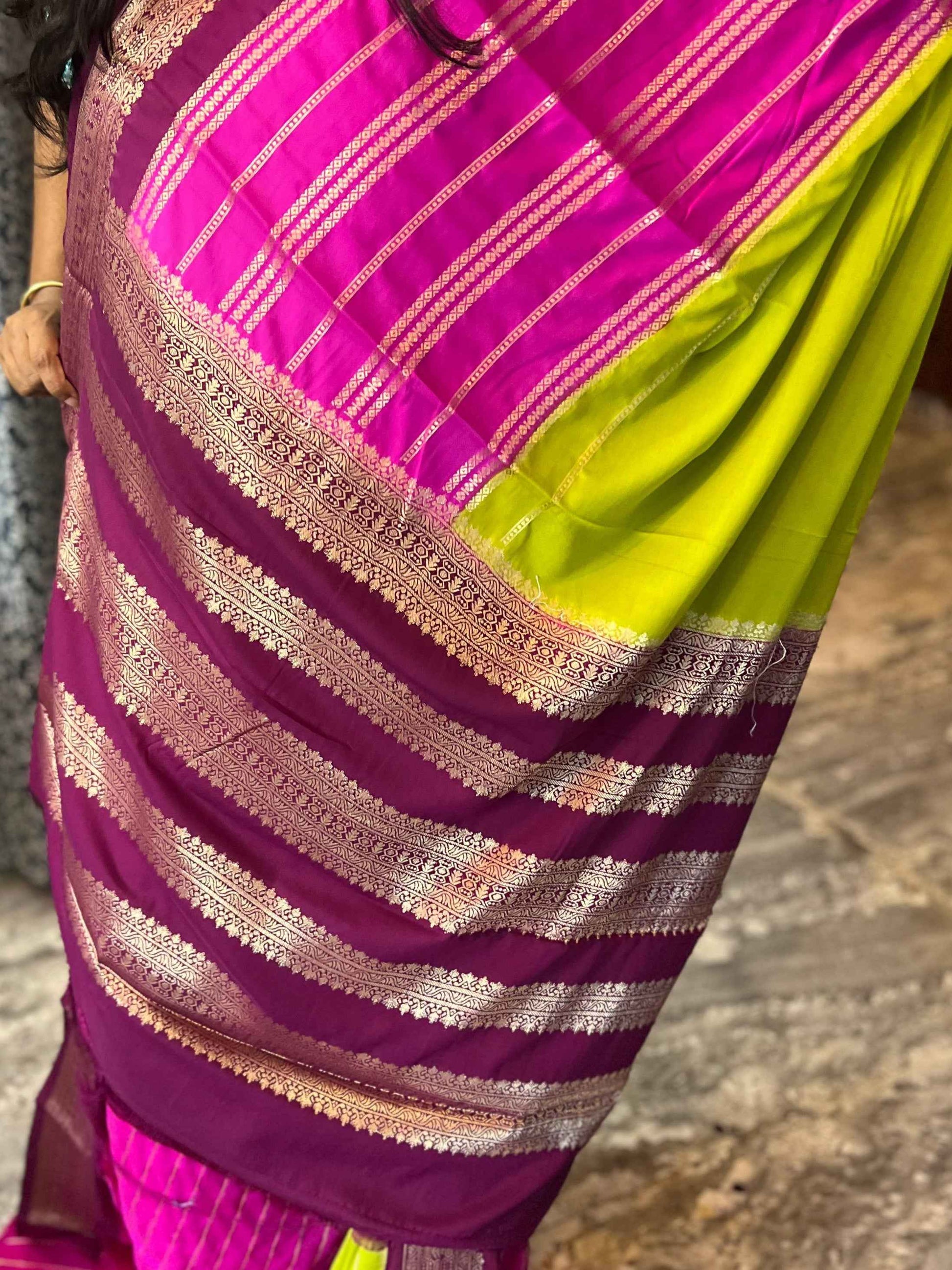 Mysore Semi Crepe 3D Elegant design - Parrot Green with Pink and Maroon (Copy)