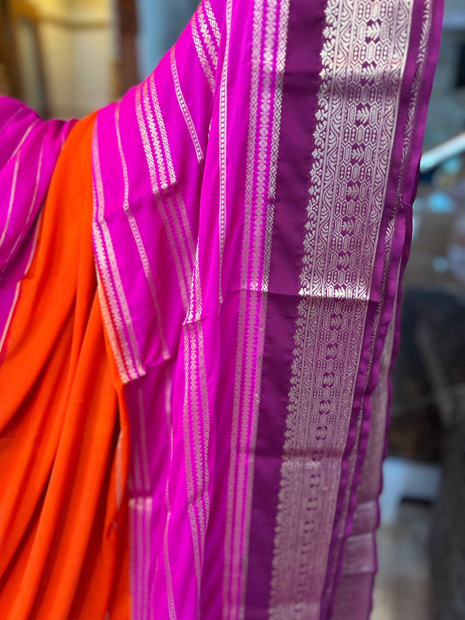 Mysore Semi Crepe 3D Elegant design - Orange with Pink and Marron (Copy)