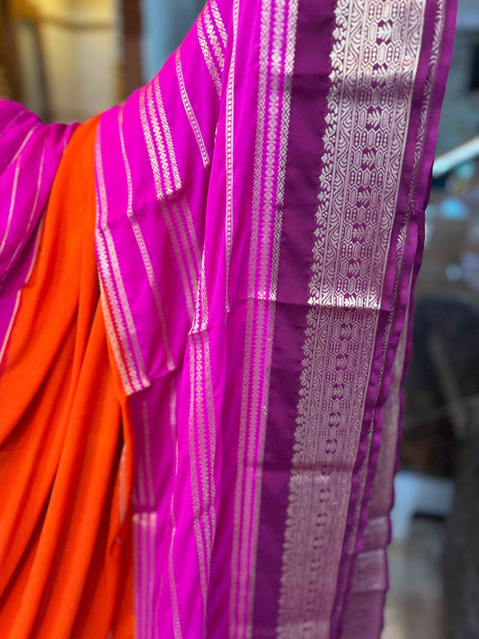 Mysore Semi Crepe 3D Elegant design - Orange with Pink and Marron (Copy)