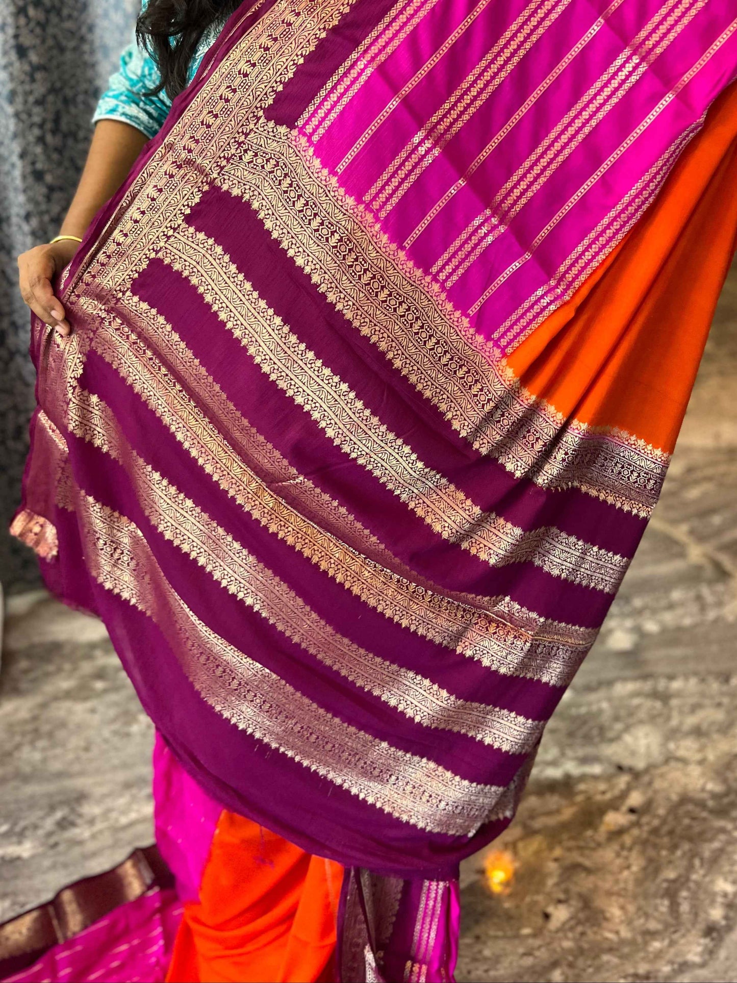 Mysore Semi Crepe 3D Elegant design - Orange with Pink and Marron (Copy)