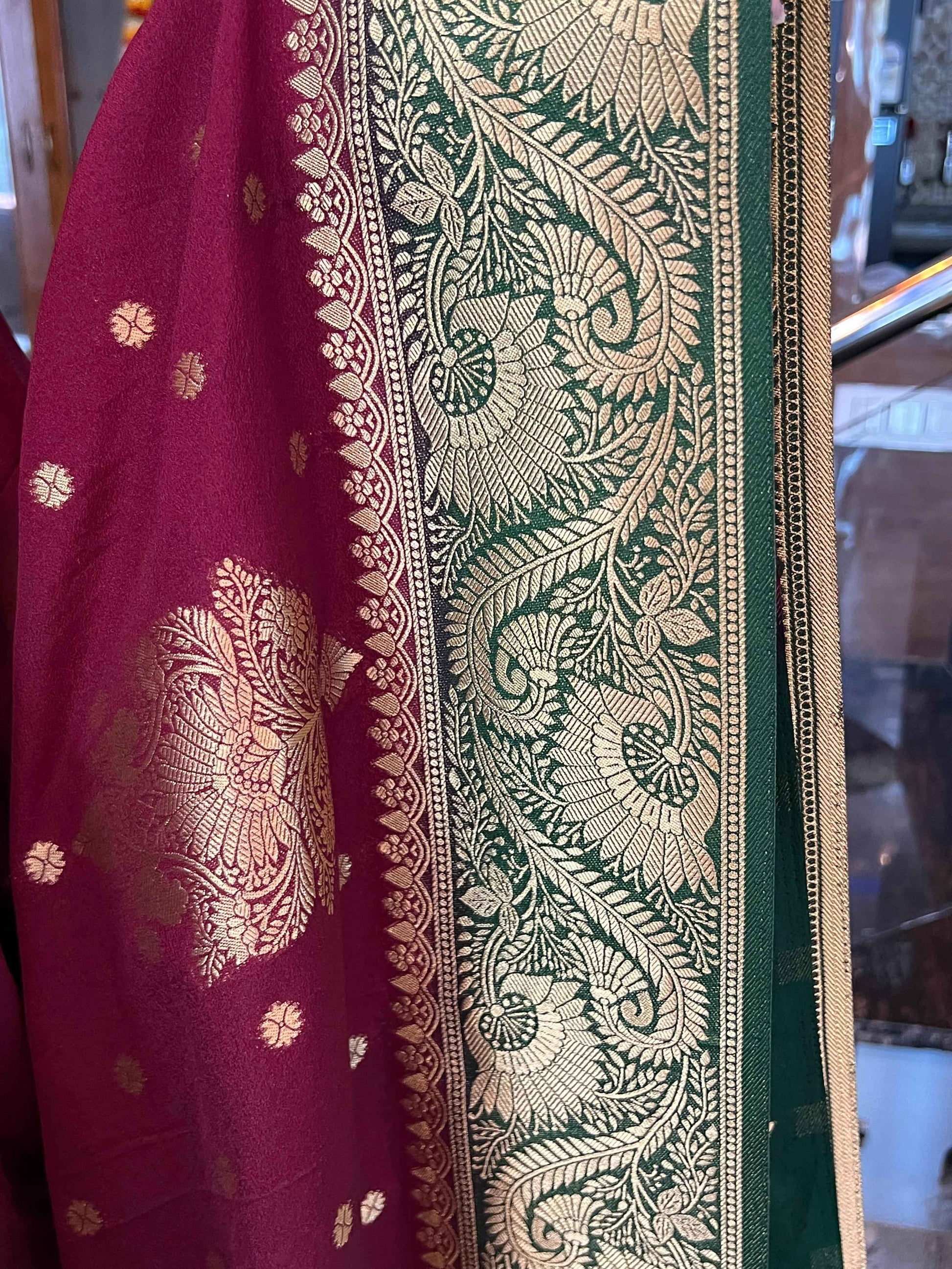 Premium Banarasi Crepe Saree - Wine with Bottle Green (Copy)
