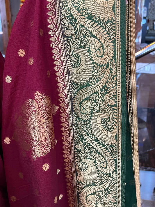 Premium Banarasi Crepe Saree - Wine with Bottle Green (Copy)