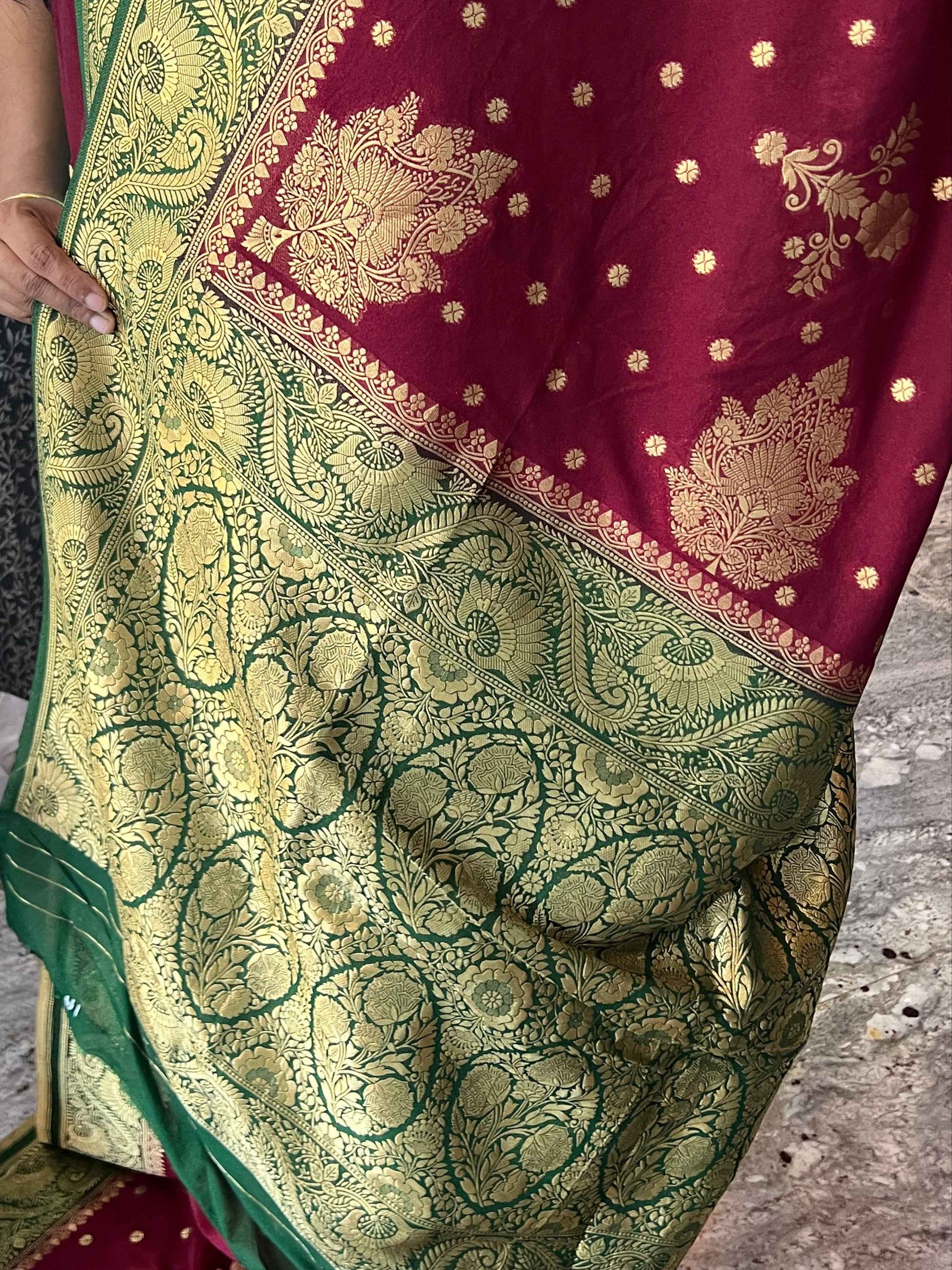 Premium Banarasi Crepe Saree - Wine with Bottle Green (Copy)
