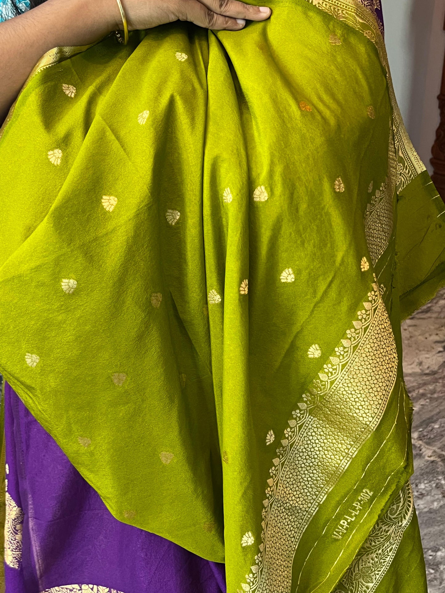 Green saree with gold patterns draped over a person, with a blurred background.