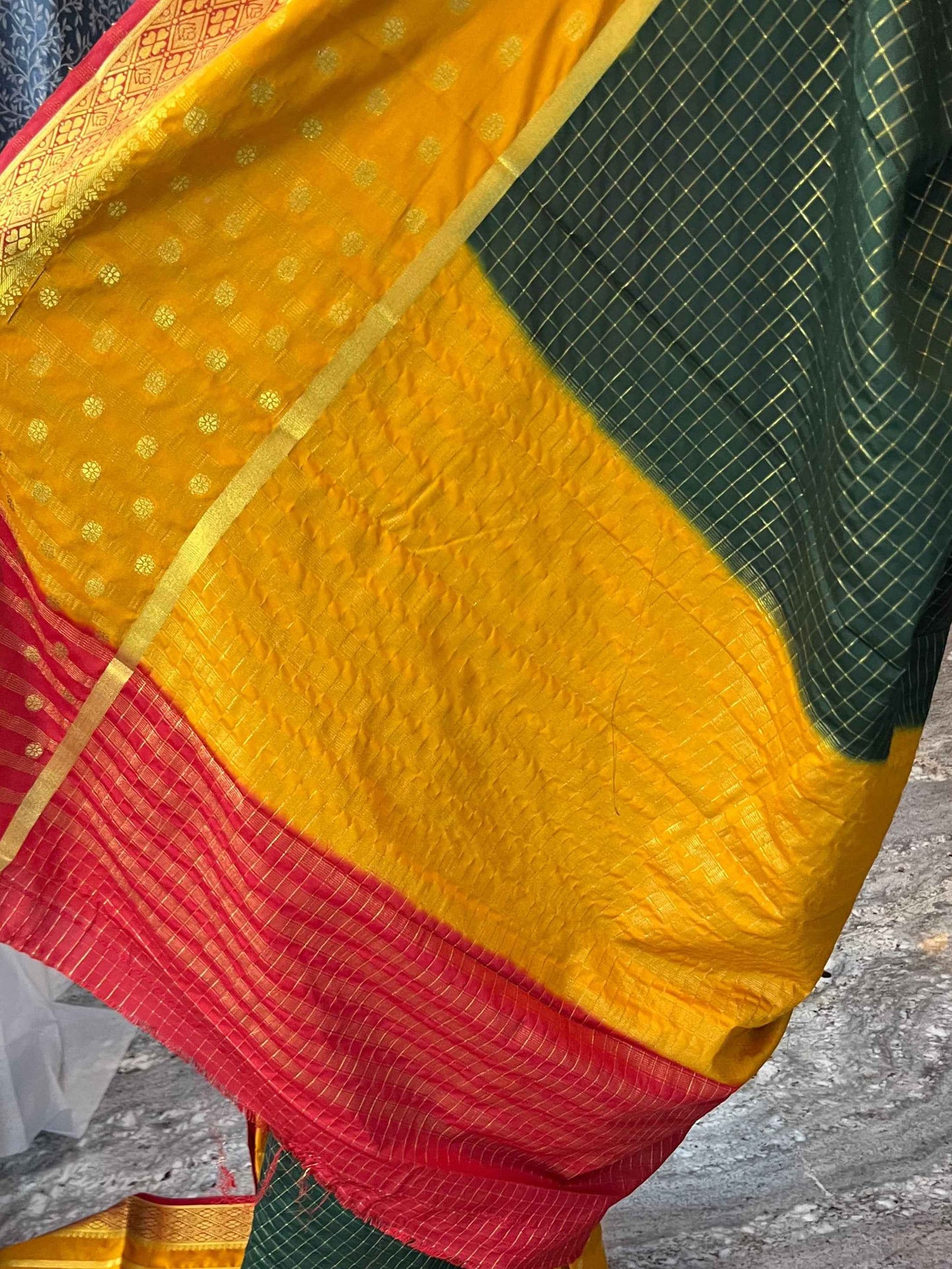 Mysore Semi Crepe 3D Elegant design - Bottle Green with Yellow and Red (Copy)