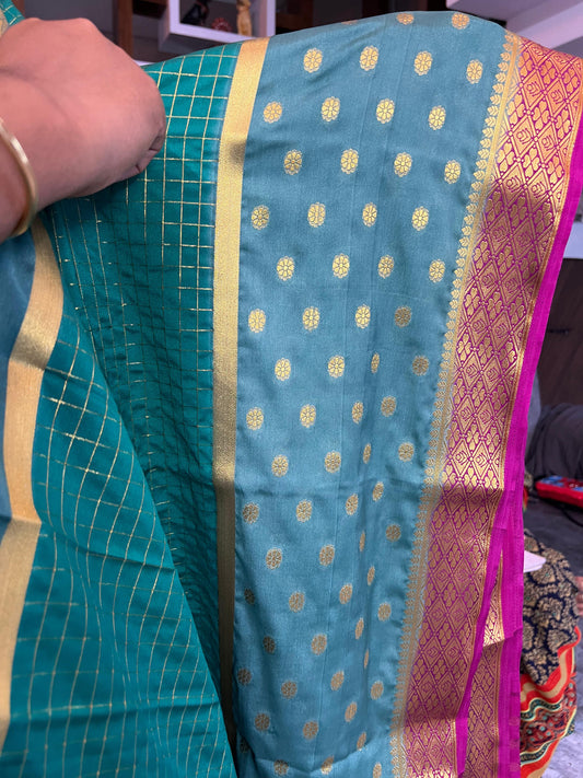 Mysore Semi Crepe 3D Elegant design - Rama Green with Sea Green and Pink
