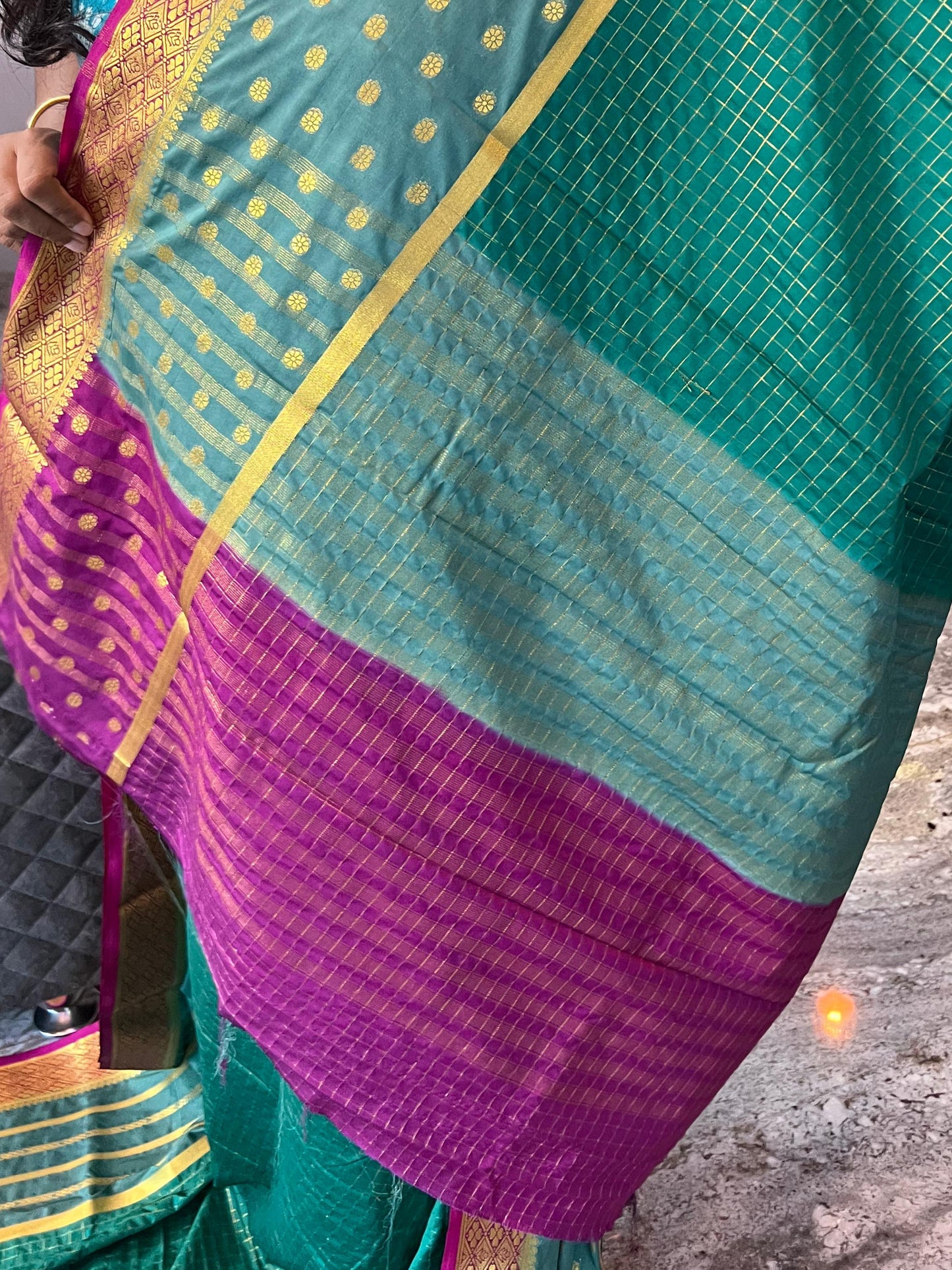 Mysore Semi Crepe 3D Elegant design - Rama Green with Sea Green and Pink