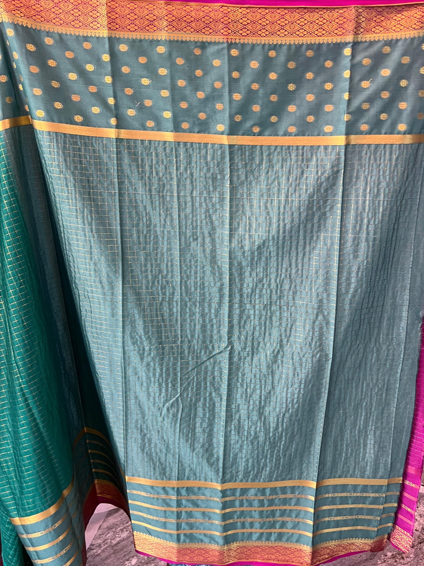 Mysore Semi Crepe 3D Elegant design - Rama Green with Sea Green and Pink