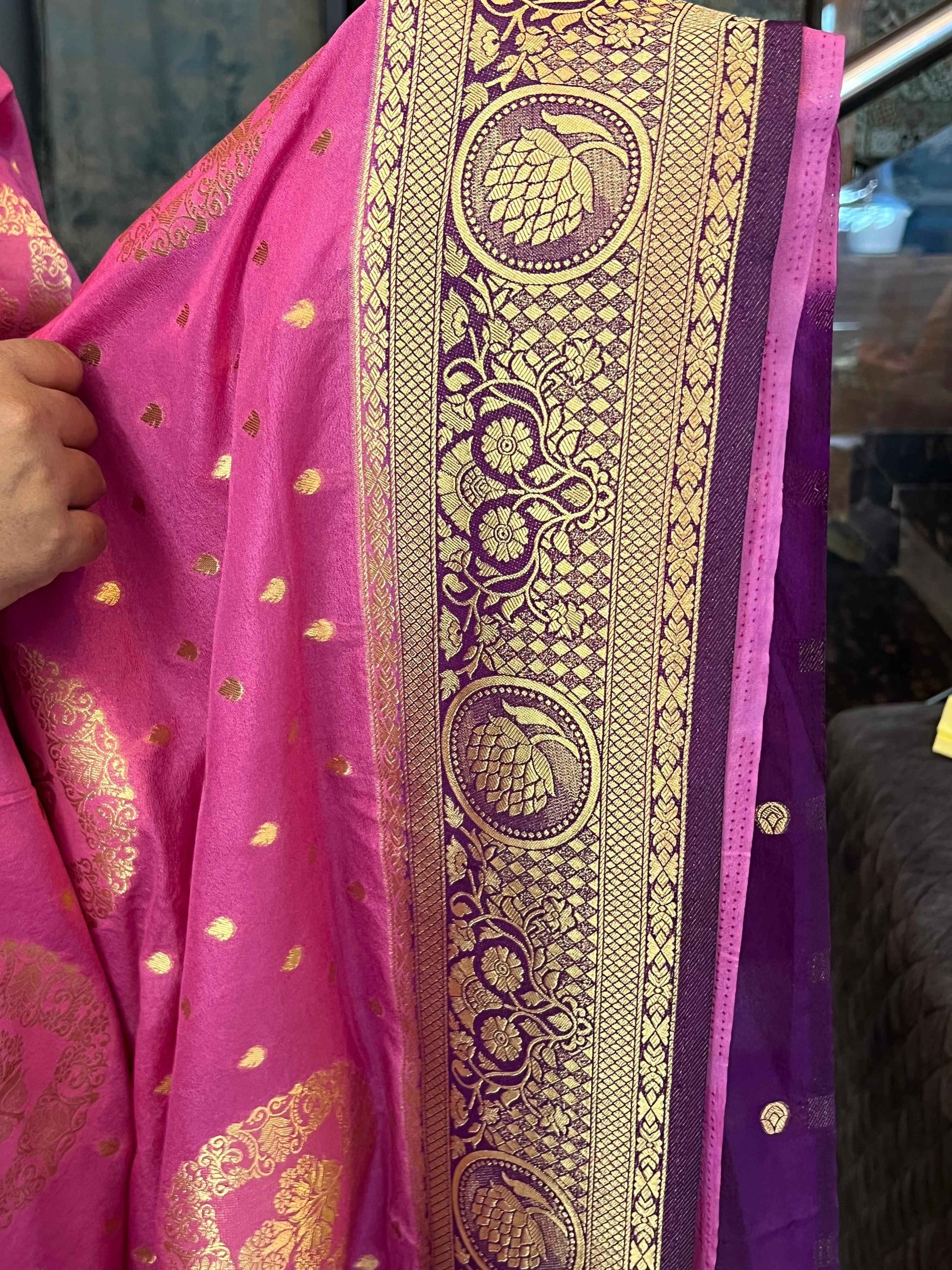 Premium Banarasi Crepe Saree - Candy pink with Bottle Green