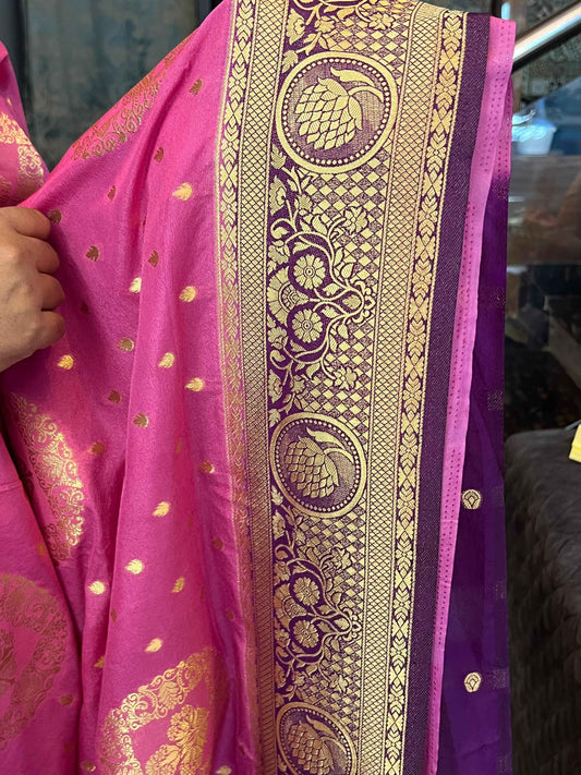 Premium Banarasi Crepe Saree - Candy pink with Bottle Green
