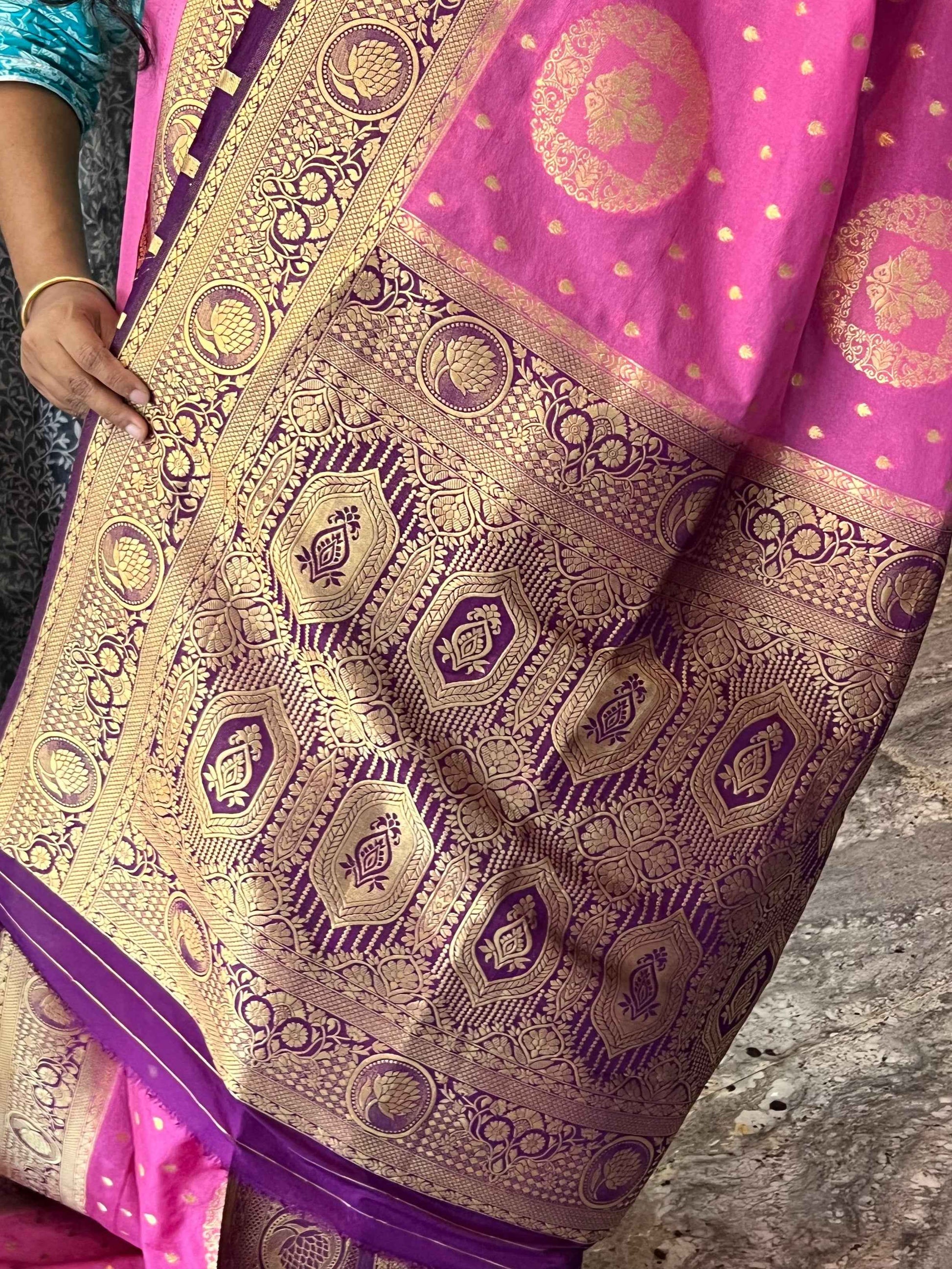 Premium Banarasi Crepe Saree - Candy pink with Bottle Green
