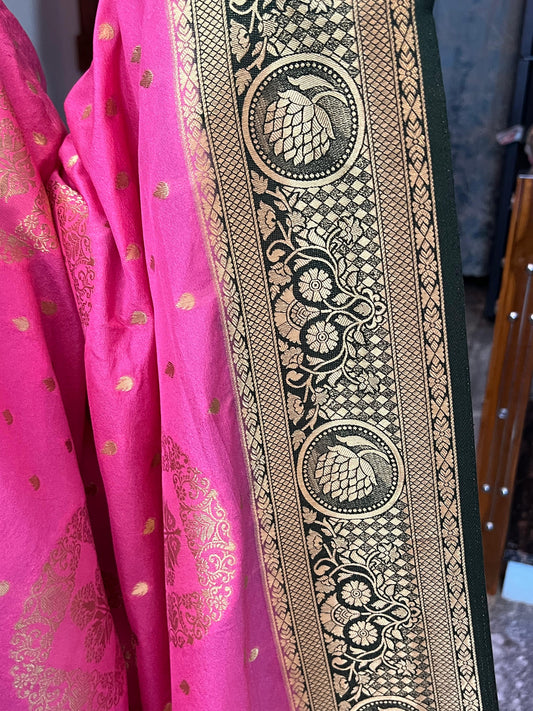 Premium Banarasi Crepe Saree - Candy pink with Bottle Green