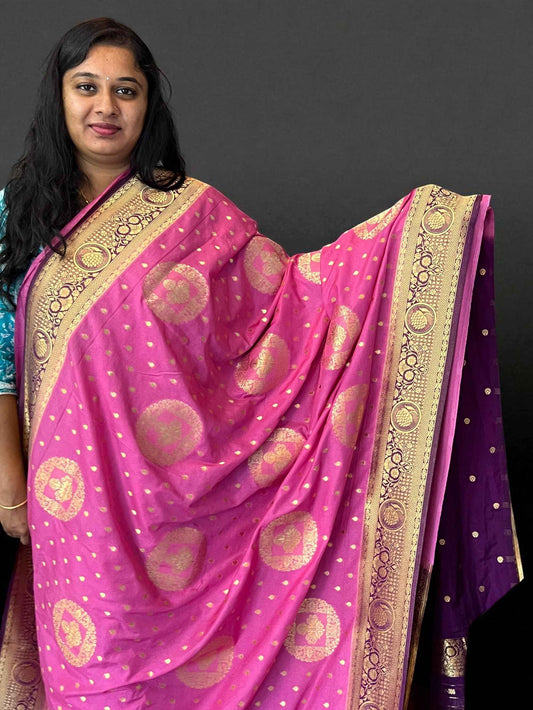 Premium Banarasi Crepe Saree - Candy pink with Bottle Green