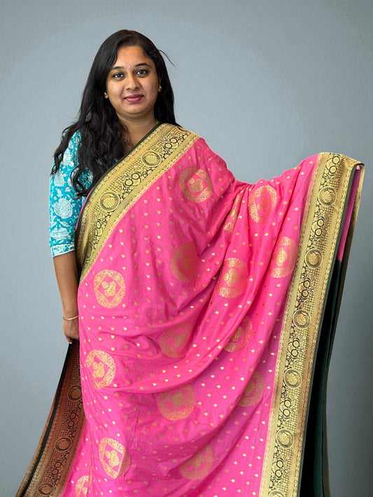Premium Banarasi Crepe Saree - Candy pink with Bottle Green
