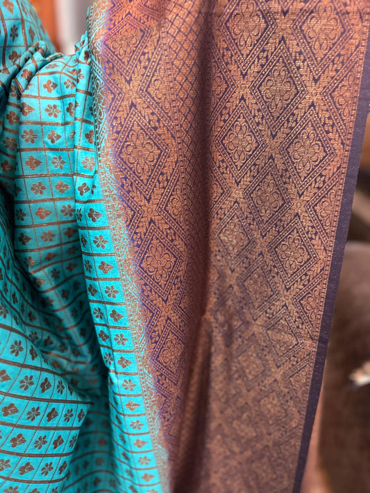 Premium Raw Silk - Sapphire Blue with Navy Blue