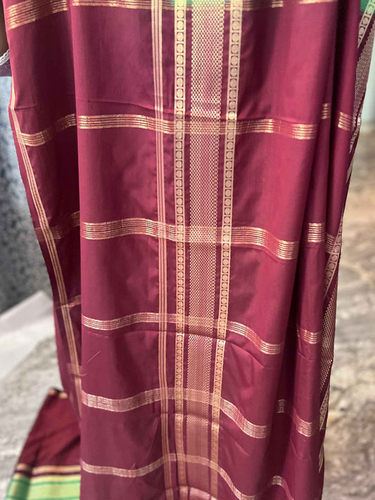 Premium Mysore Semi Crepe Elegant 4 line bentex 2D design - Orange with Brown