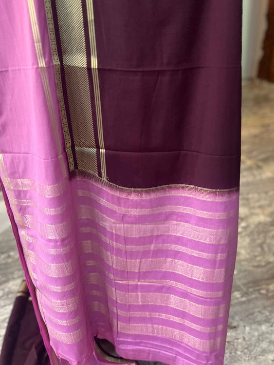 Premium Mysore Semi Crepe Elegant 4 line bentex 2D design - Brown with Pink