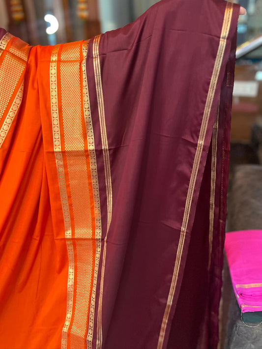 Premium Mysore Semi Crepe Elegant 4 line bentex 2D design - Orange with Brown