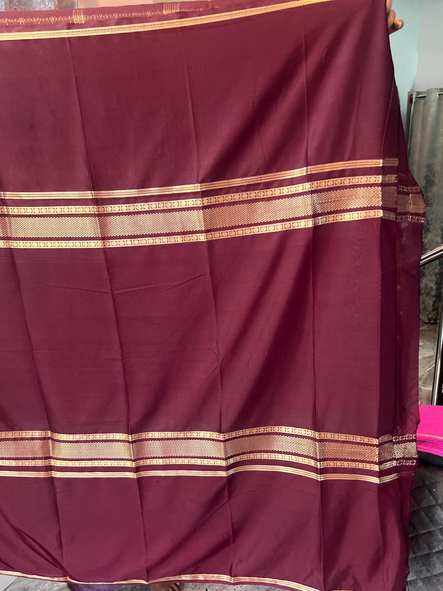 Premium Mysore Semi Crepe Elegant 4 line bentex 2D design - Orange with Brown