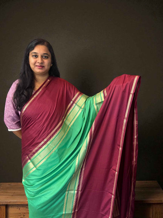 Premium Mysore Semi Crepe Elegant 4 line bentex 2D design - Orange with Brown