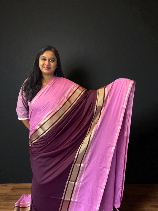 Premium Mysore Semi Crepe Elegant 4 line bentex 2D design - Brown with Pink
