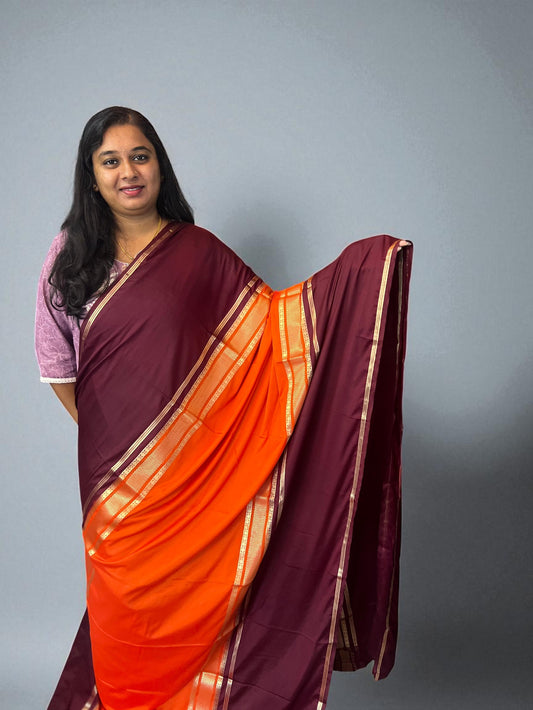 Premium Mysore Semi Crepe Elegant 4 line bentex 2D design - Orange with Brown