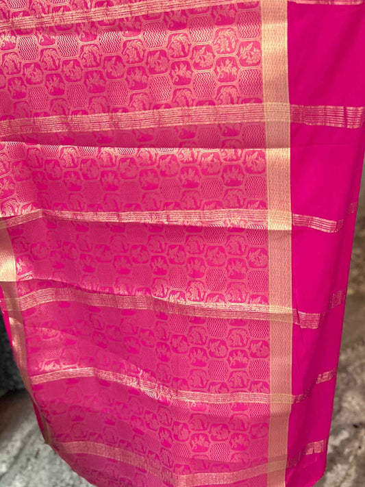 Premium Mysore Semi Crepe Half & Half Brocade - Pink (Copy)