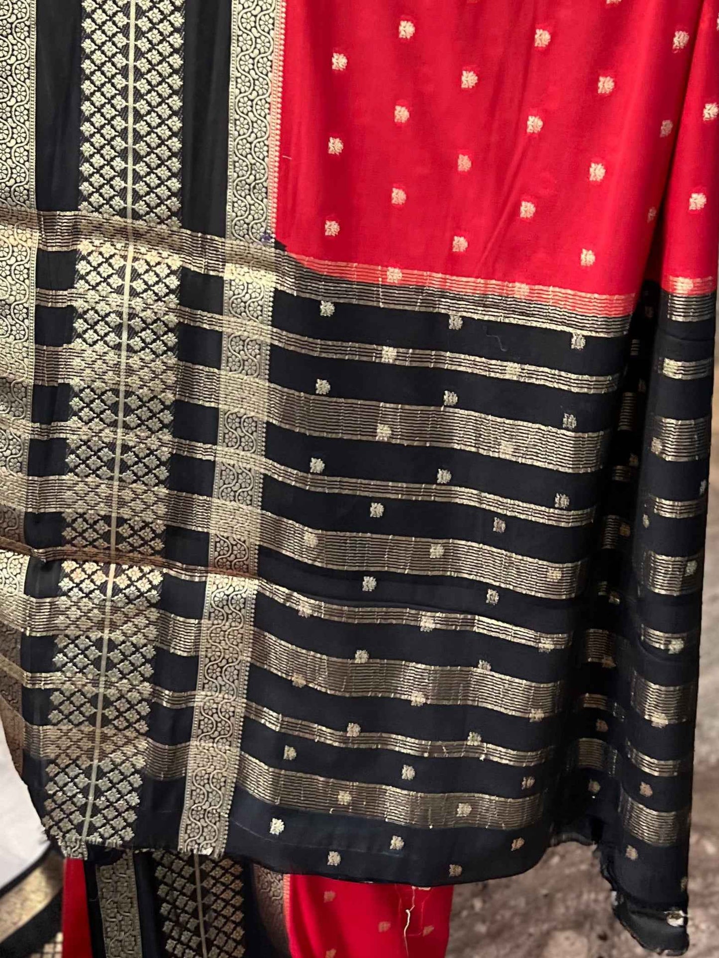 Premium Mysore Semi Crepe 2D Unique Border - Red with Black (Copy)