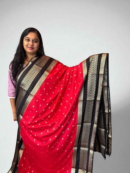 Premium Mysore Semi Crepe 2D Unique Border - Red with Black (Copy)