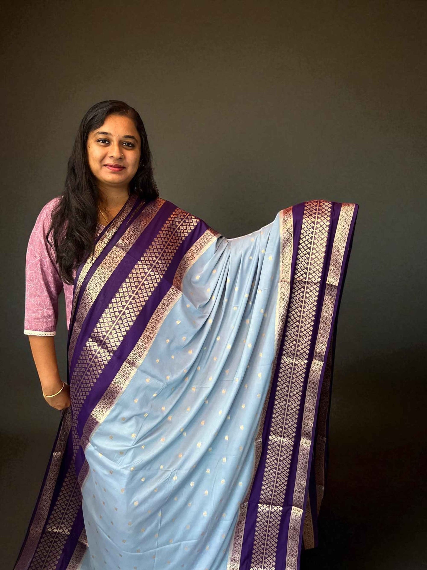 Premium Mysore Semi Crepe 2D Unique Border - Bottle Green with Pink