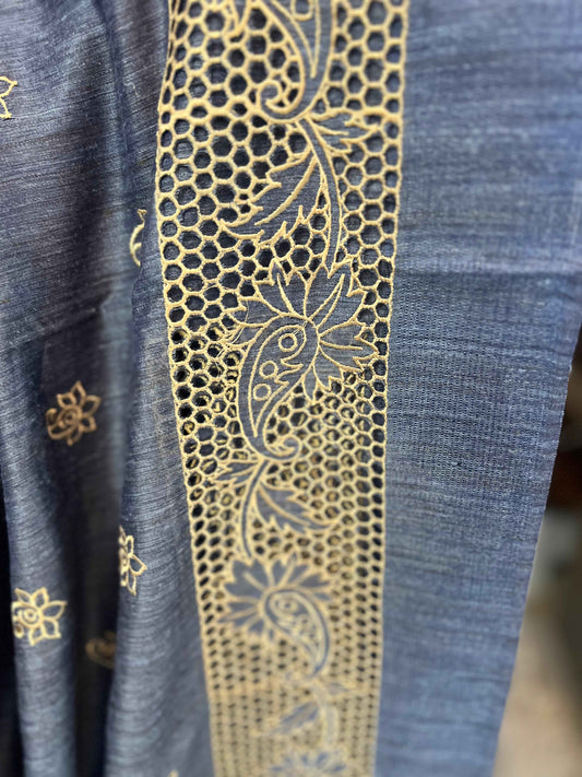 Premium Jute Cotton Cut Work - Grayish Blue (Copy)