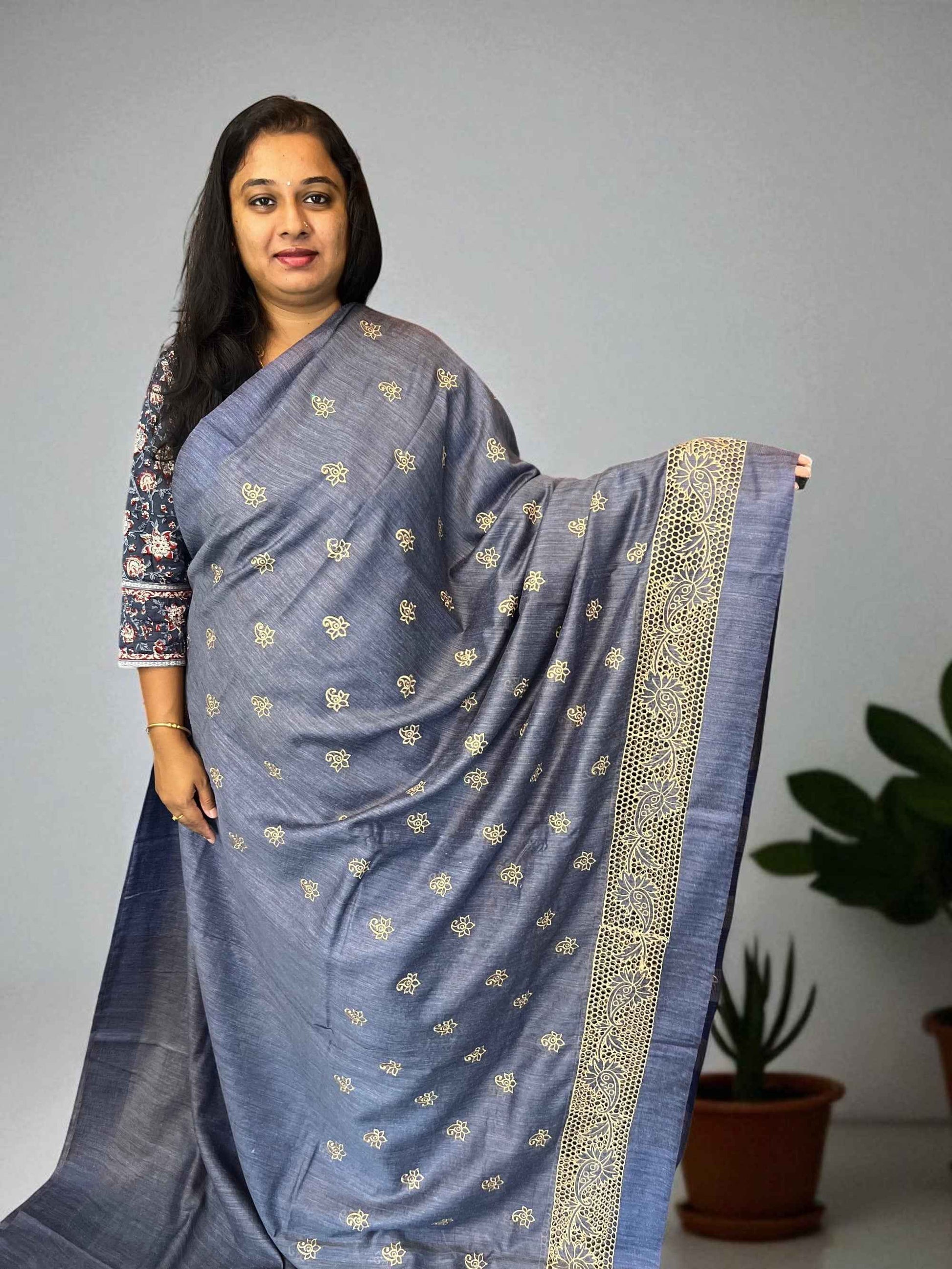 Premium Jute Cotton Cut Work - Grayish Blue (Copy)